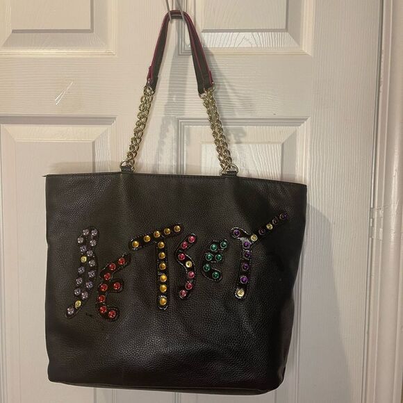 Betsey Johnson jewels large black synthetic leather tote gold tone chain straps - Picture 1 of 14